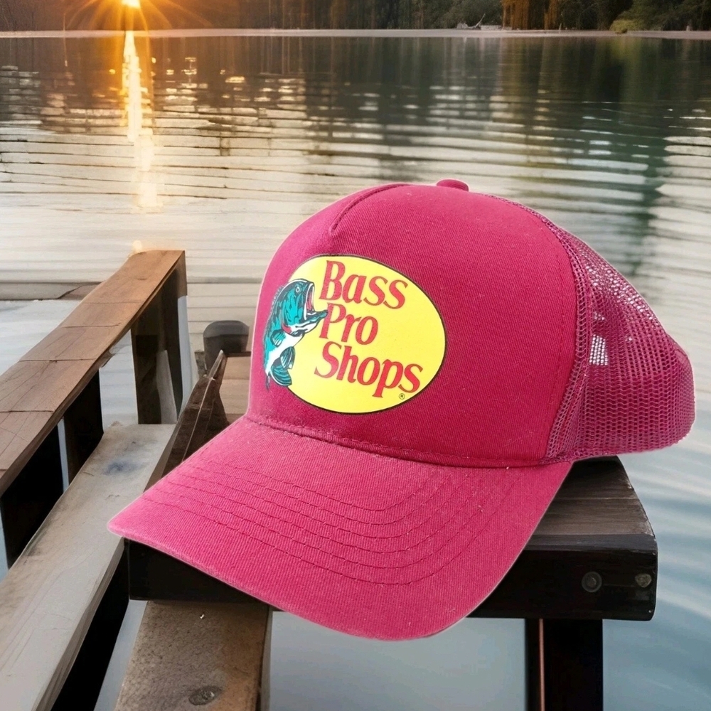 Bass Pro Shops Trucker Hat Cap Burgundy Mesh Back Snapback Outdoors Fishing